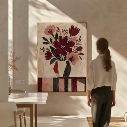 Burgundy and dusty pink flowers in a striped vase on a striped table, canvas wall art hanging in a calm, modern living space