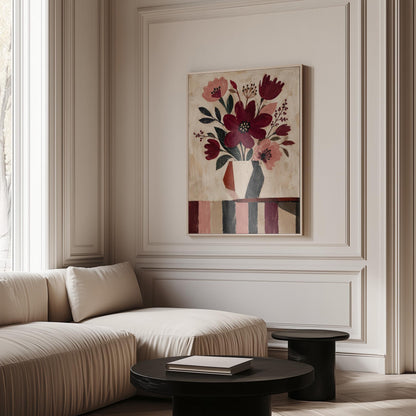 Burgundy and dusty pink flowers in a striped vase on a striped table, canvas wall art styled against a soft white wall