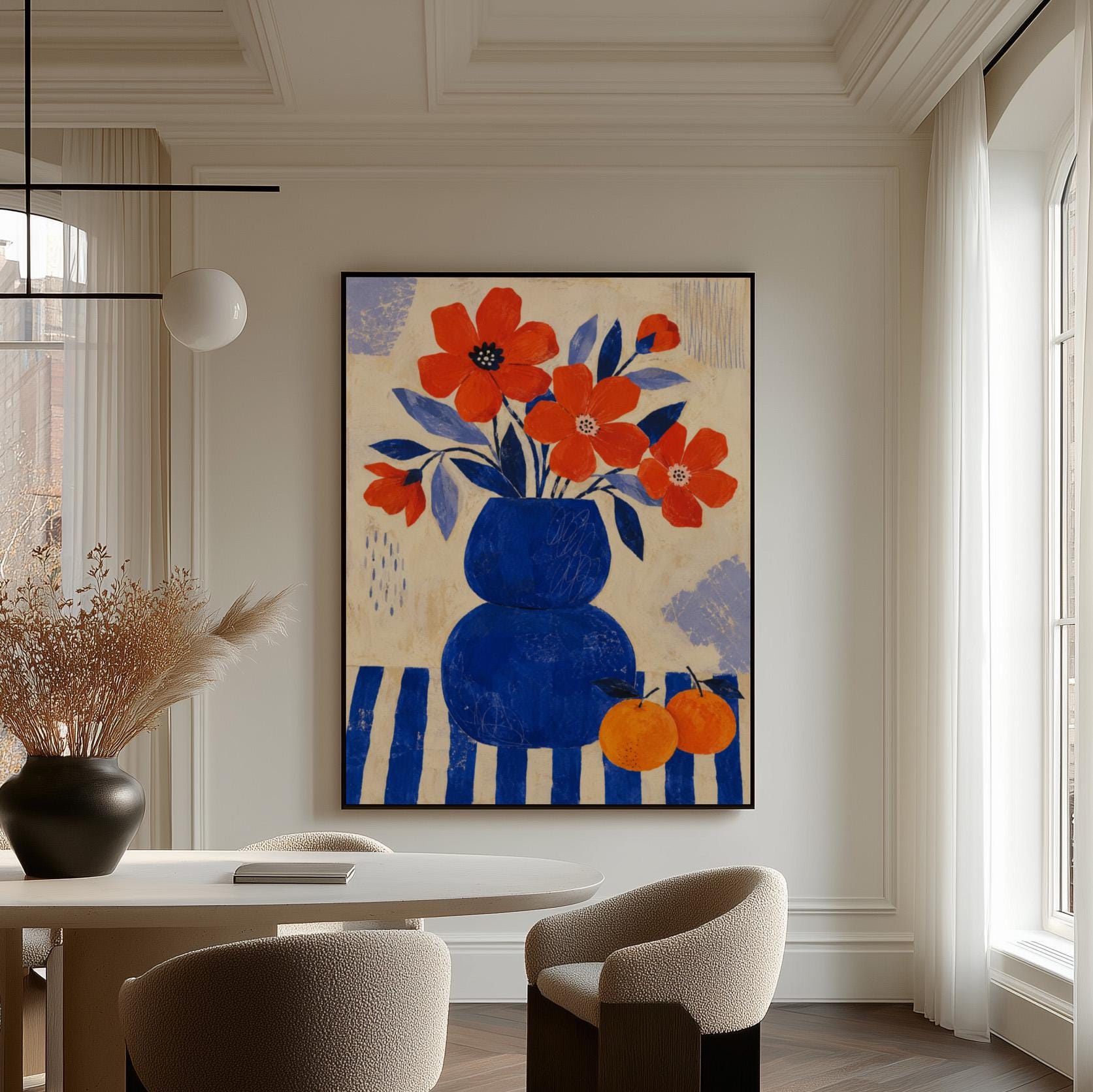 Scarlet poppies in a cobalt vase with oranges on a blue striped cloth, canvas print on a quiet wall in a considered interior