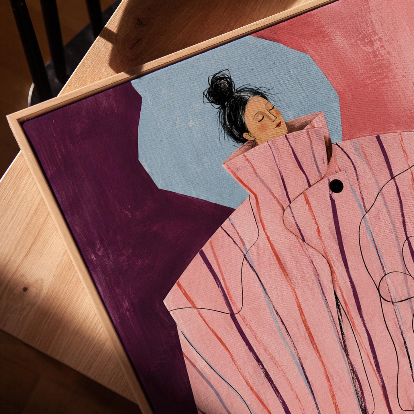 Woman in an oversized pink striped coat against plum and coral blocks, canvas print in a warm, minimally styled interior