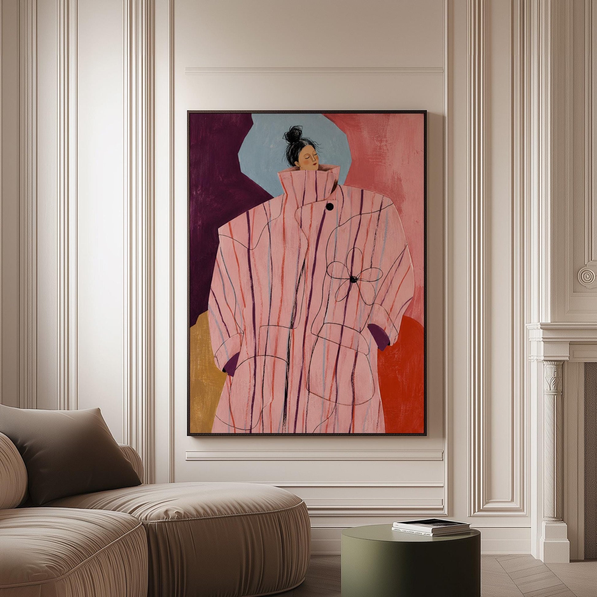 Woman in an oversized pink striped coat against plum and coral blocks, canvas print on a softly lit wall in a calm interior