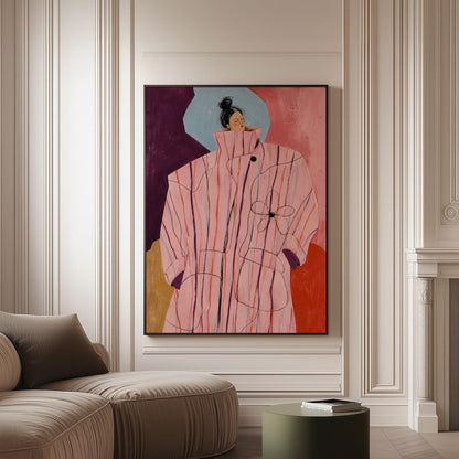 Woman in an oversized pink striped coat against plum and coral blocks, canvas print on a softly lit wall in a calm interior