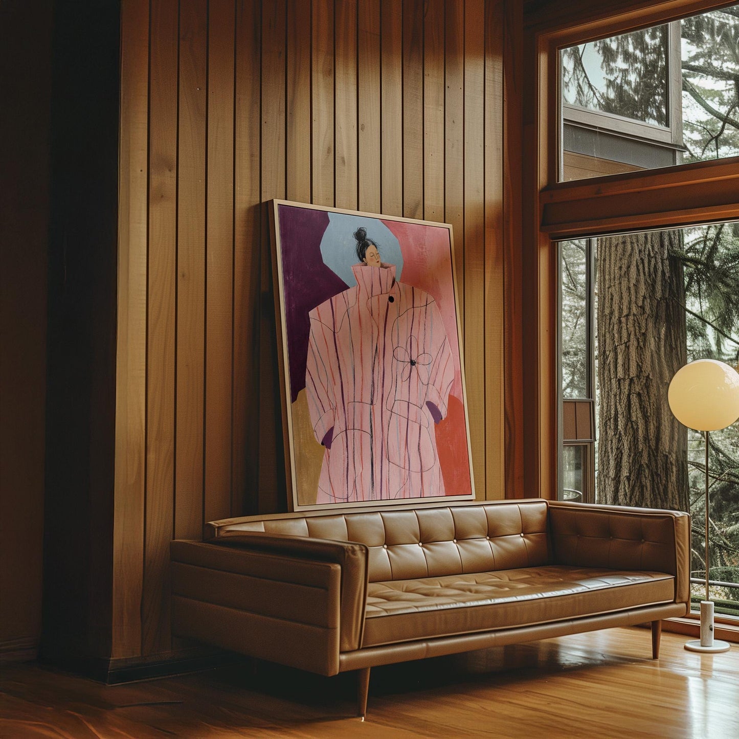 Woman in an oversized pink striped coat against plum and coral blocks, canvas print on a quiet wall in a considered interior