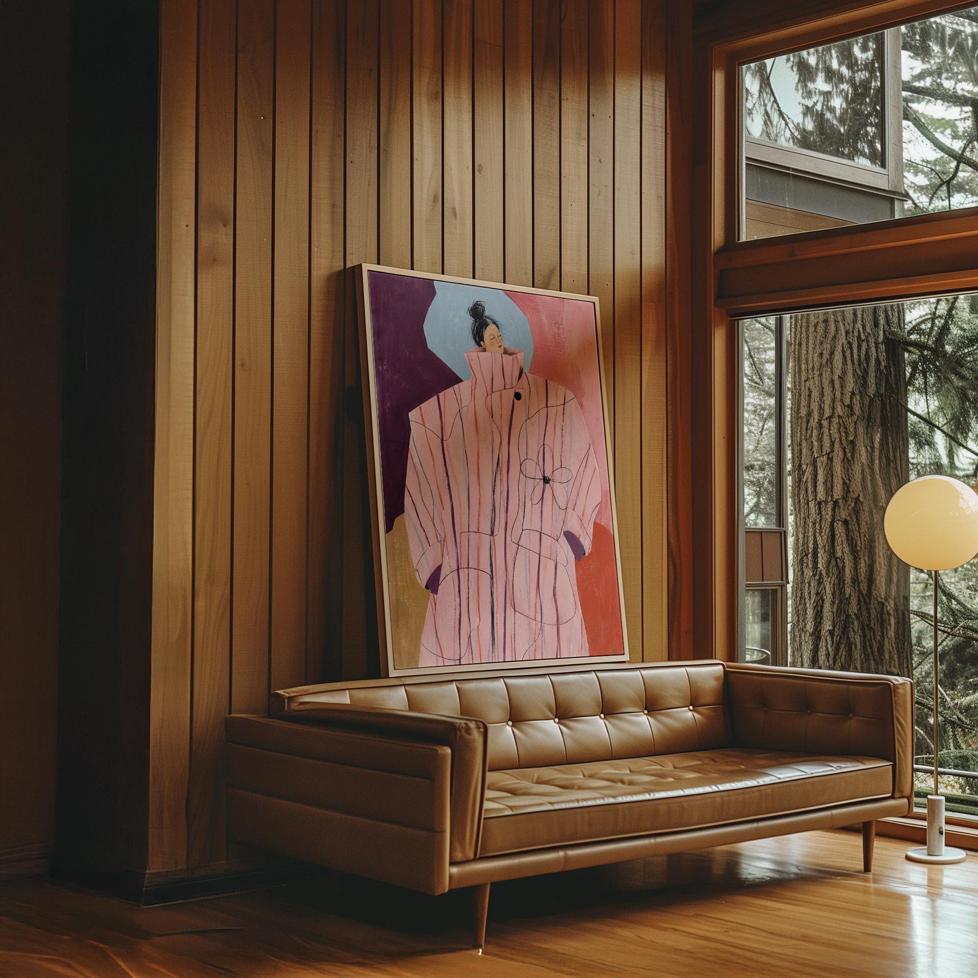 Woman in an oversized pink striped coat against plum and coral blocks, canvas print on a quiet wall in a considered interior