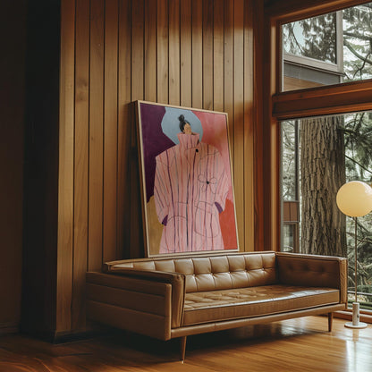 Woman in an oversized pink striped coat against plum and coral blocks, canvas print on a quiet wall in a considered interior