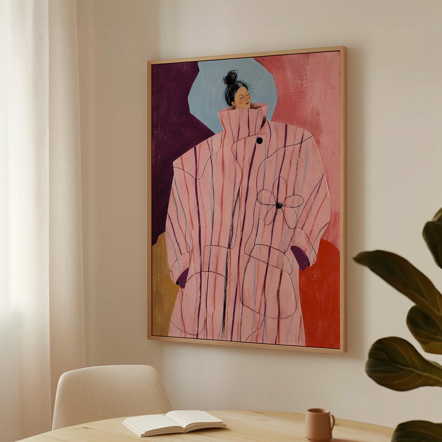 Woman in an oversized pink striped coat against plum and coral blocks, canvas print shown in a sunlit, contemporary room