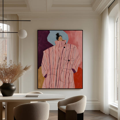 Woman in an oversized pink striped coat against plum and coral blocks, canvas print hanging in a calm, modern living space