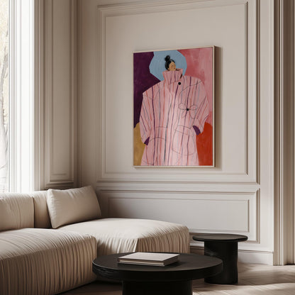 Woman in an oversized pink striped coat against plum and coral blocks, canvas wall art seen in a warm interior with natural light