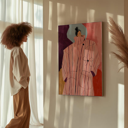 Woman in an oversized pink striped coat against plum and coral blocks, canvas wall art presented in a light, minimal room
