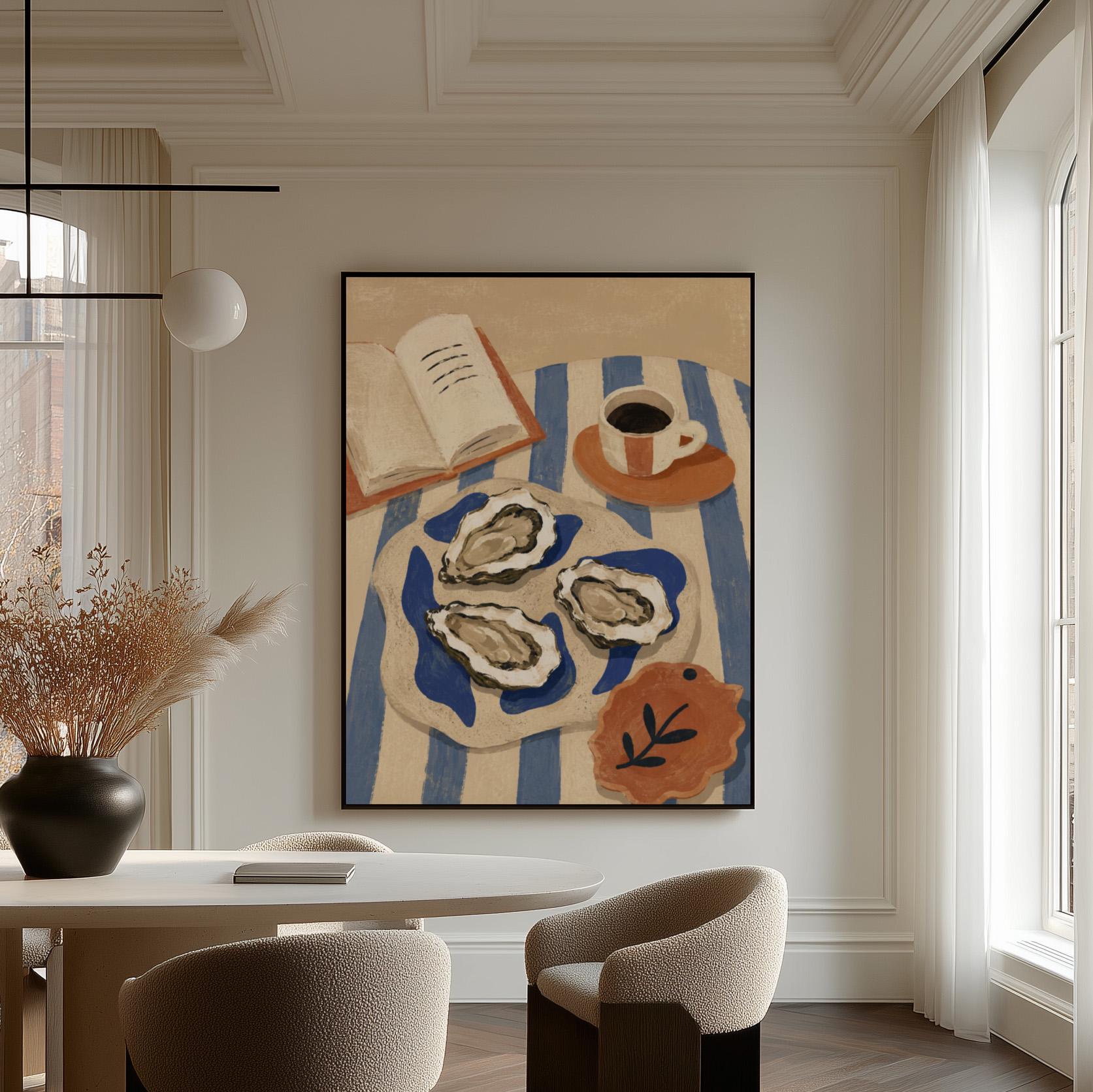 Plate of oysters with espresso and an open book on a striped cloth, canvas print styled against a soft white wall