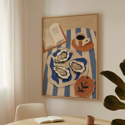 Plate of oysters with espresso and an open book on a striped cloth, canvas print shown to scale in a furnished room