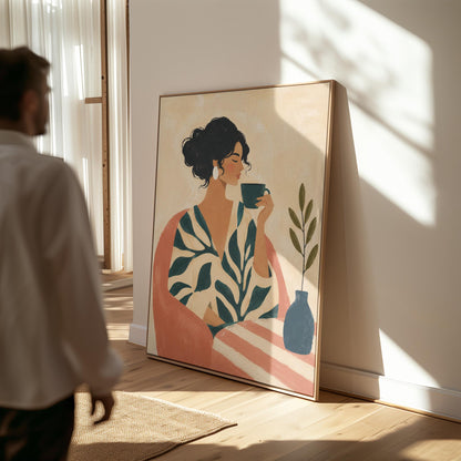 Woman in a leaf print robe drinking from a teal cup beside a vase, canvas print styled against a soft white wall