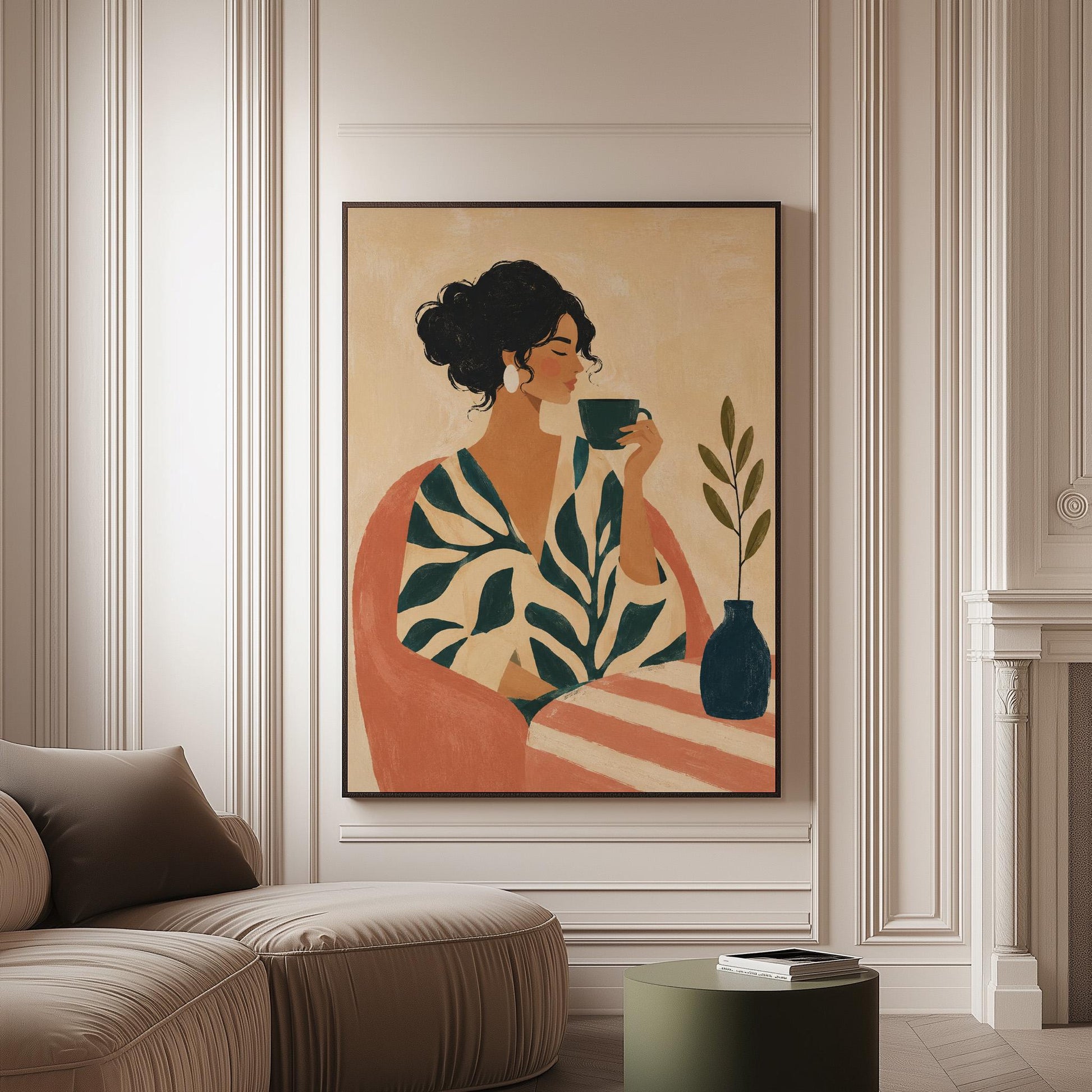 Woman in a leaf print robe drinking from a teal cup beside a vase, canvas print on a softly lit wall in a calm interior