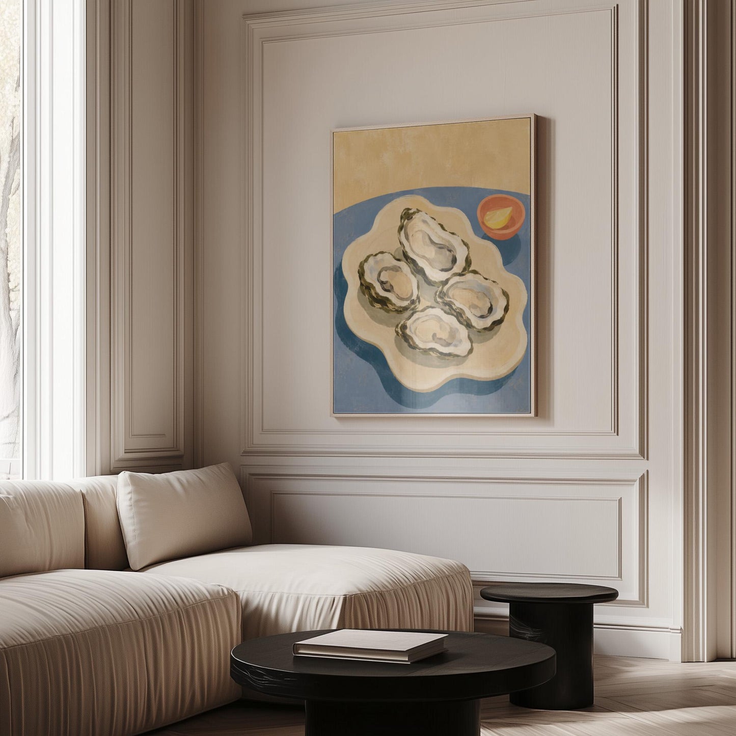Four open oysters on a cream platter with lemon on a dusty blue ground, canvas print hanging in a calm, modern living space