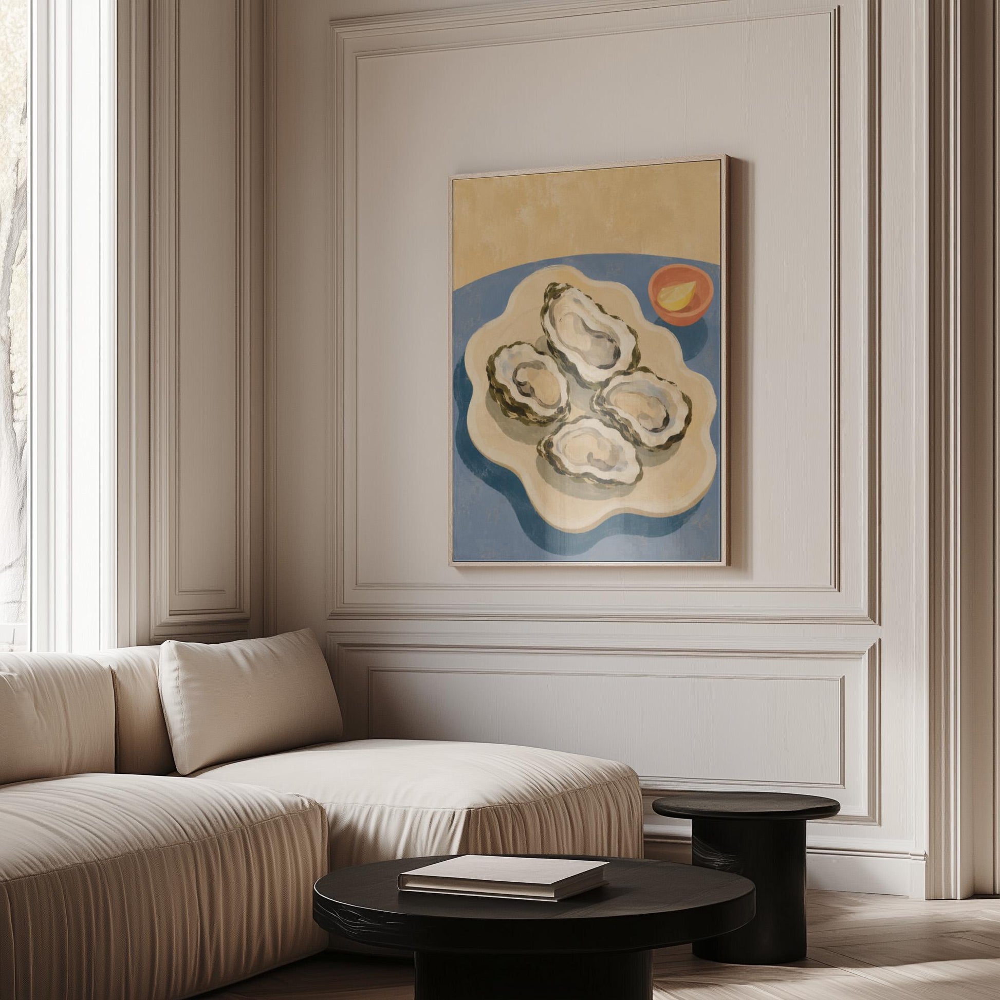 Four open oysters on a cream platter with lemon on a dusty blue ground, canvas print hanging in a calm, modern living space