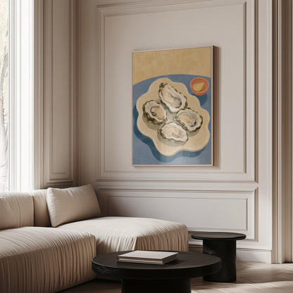 Four open oysters on a cream platter with lemon on a dusty blue ground, canvas print hanging in a calm, modern living space