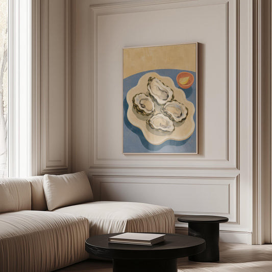 Four open oysters on a cream platter with lemon on a dusty blue ground, canvas print hanging in a calm, modern living space