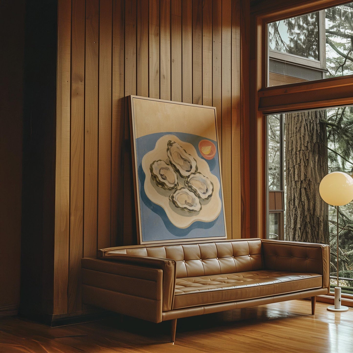 Four open oysters on a cream platter with lemon on a dusty blue ground, canvas print styled against a soft white wall