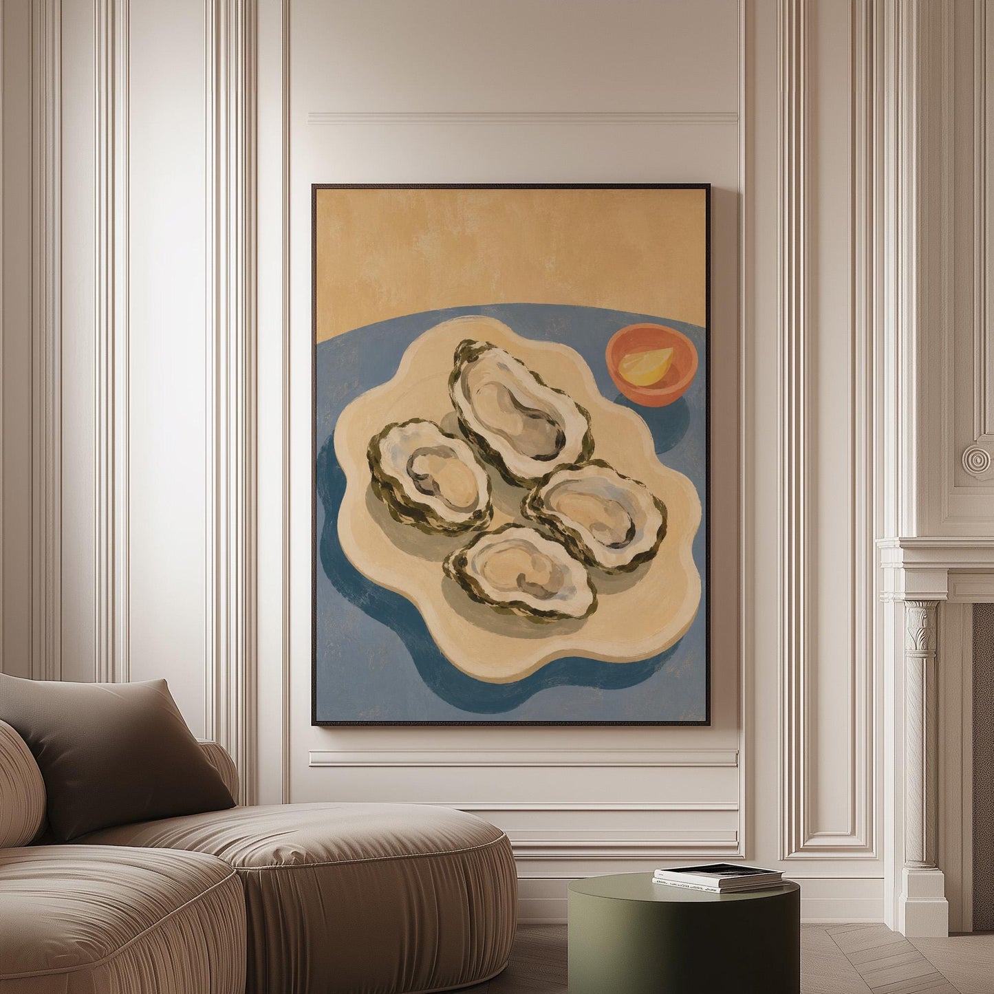 Four open oysters on a cream platter with lemon on a dusty blue ground, canvas print on a softly lit wall in a calm interior