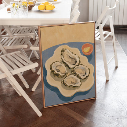 Four open oysters on a cream platter with lemon on a dusty blue ground, canvas print on a quiet wall in a considered interior