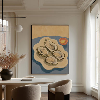 Four open oysters on a cream platter with lemon on a dusty blue ground, canvas print shown in a sunlit, contemporary room