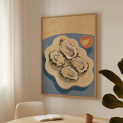 Four open oysters on a cream platter with lemon on a dusty blue ground, canvas print seen in a warm interior with natural light