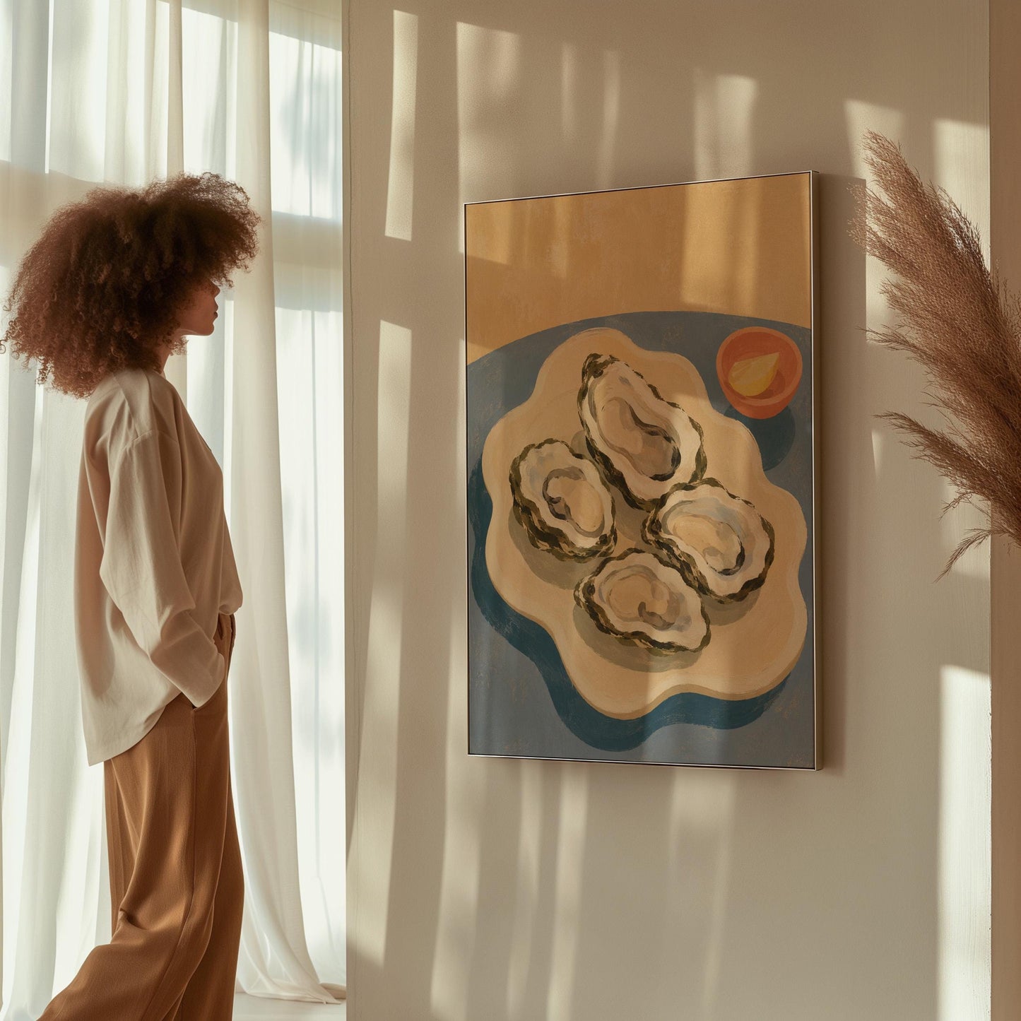 Four open oysters on a cream platter with lemon on a dusty blue ground, canvas wall art on a quiet wall in a considered interior