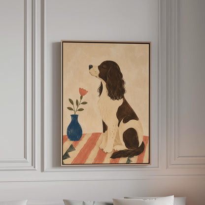 Brown and white spaniel sniffing a coral tulip in a small blue vase, canvas print in a bright room with natural daylight