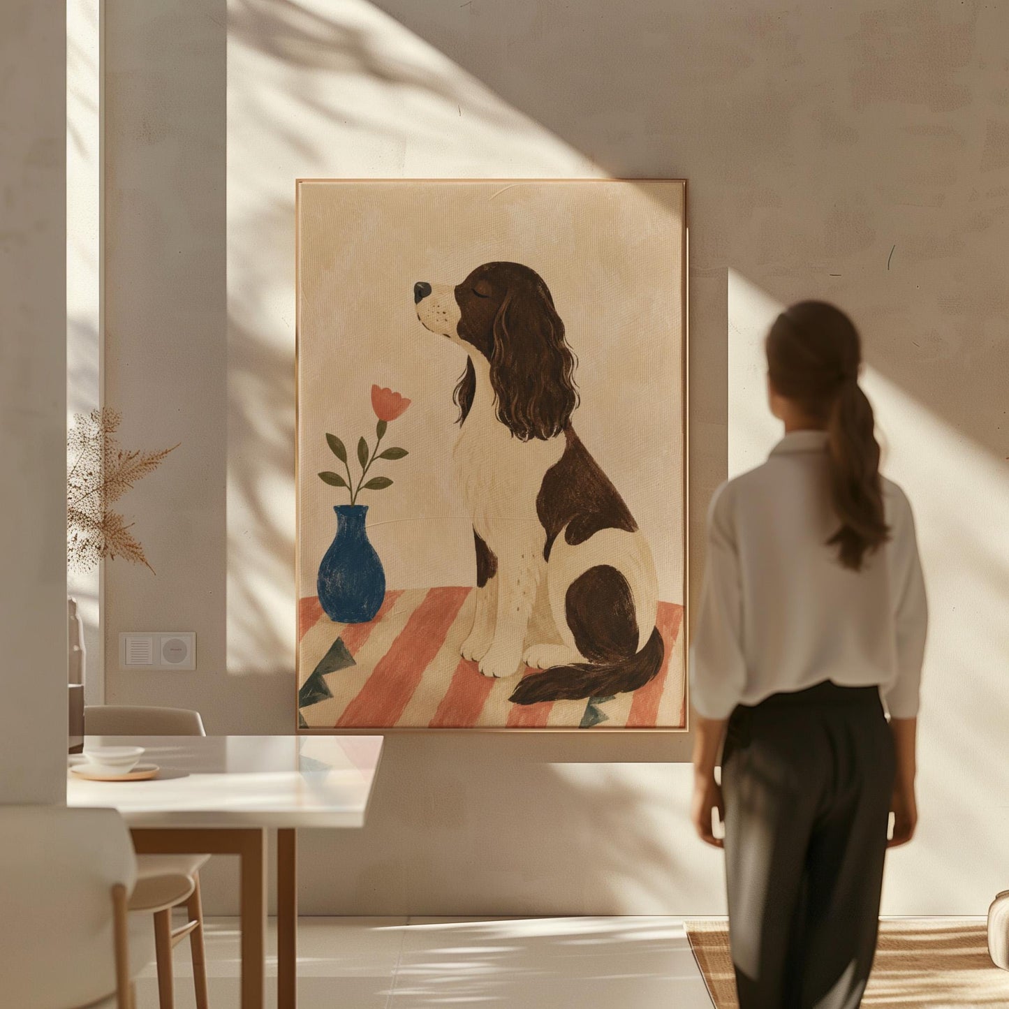 Brown and white spaniel sniffing a coral tulip in a small blue vase, canvas print shown to scale in a furnished room