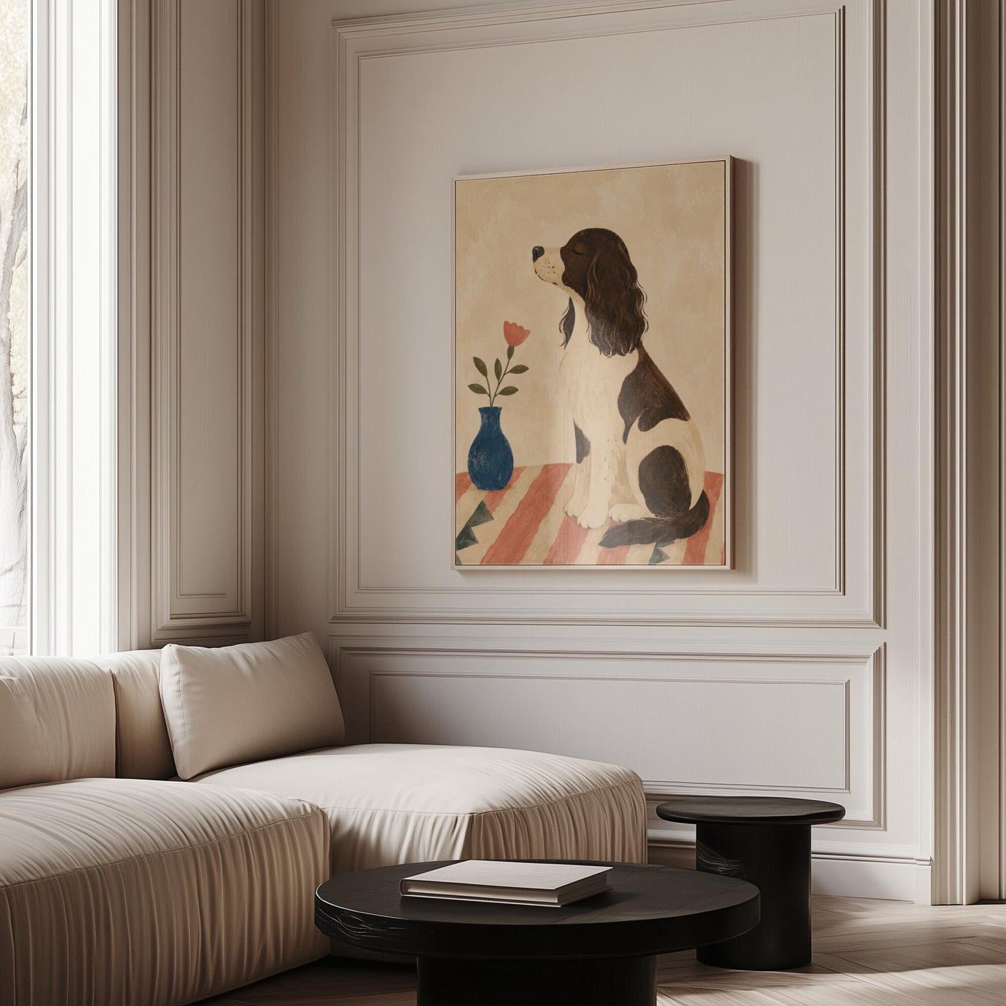 Brown and white spaniel sniffing a coral tulip in a small blue vase, canvas print displayed on a neutral wall in a styled interior