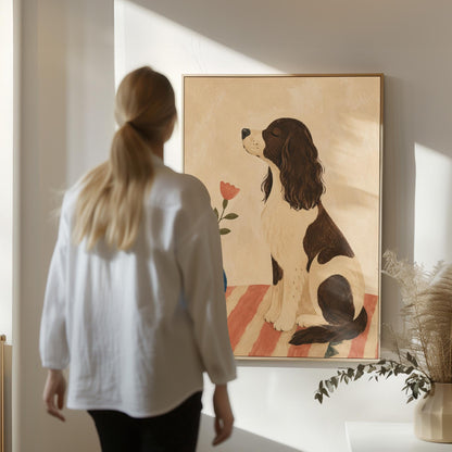 Brown and white spaniel sniffing a coral tulip in a small blue vase, canvas wall art hanging in a calm, modern living space