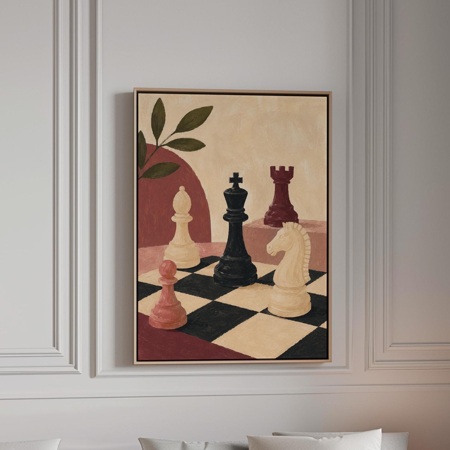 Chess pieces on a tilted board with an olive sprig and a red arch, canvas print in a bright room with natural daylight