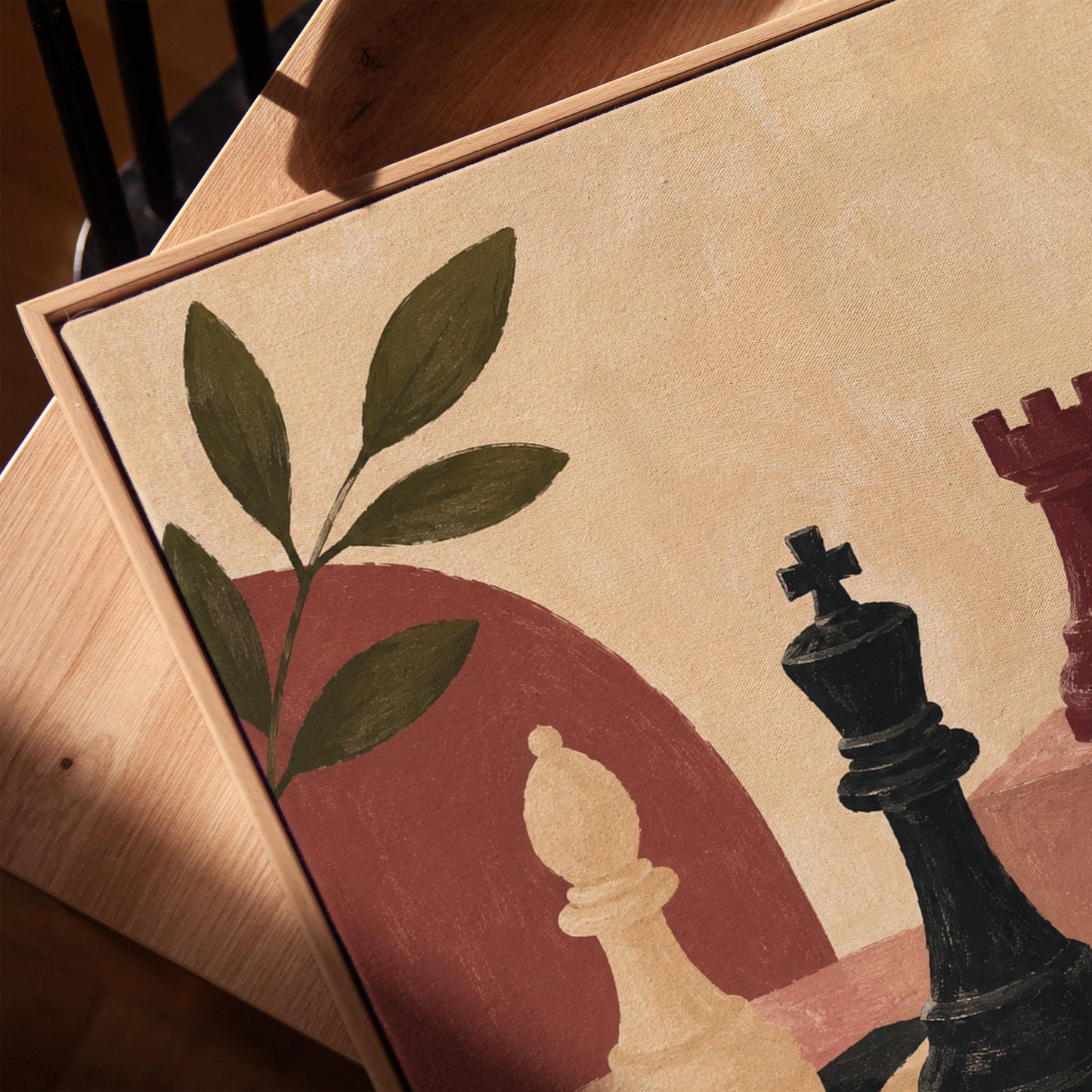 Chess pieces on a tilted board with an olive sprig and a red arch, canvas print in a warm, minimally styled interior