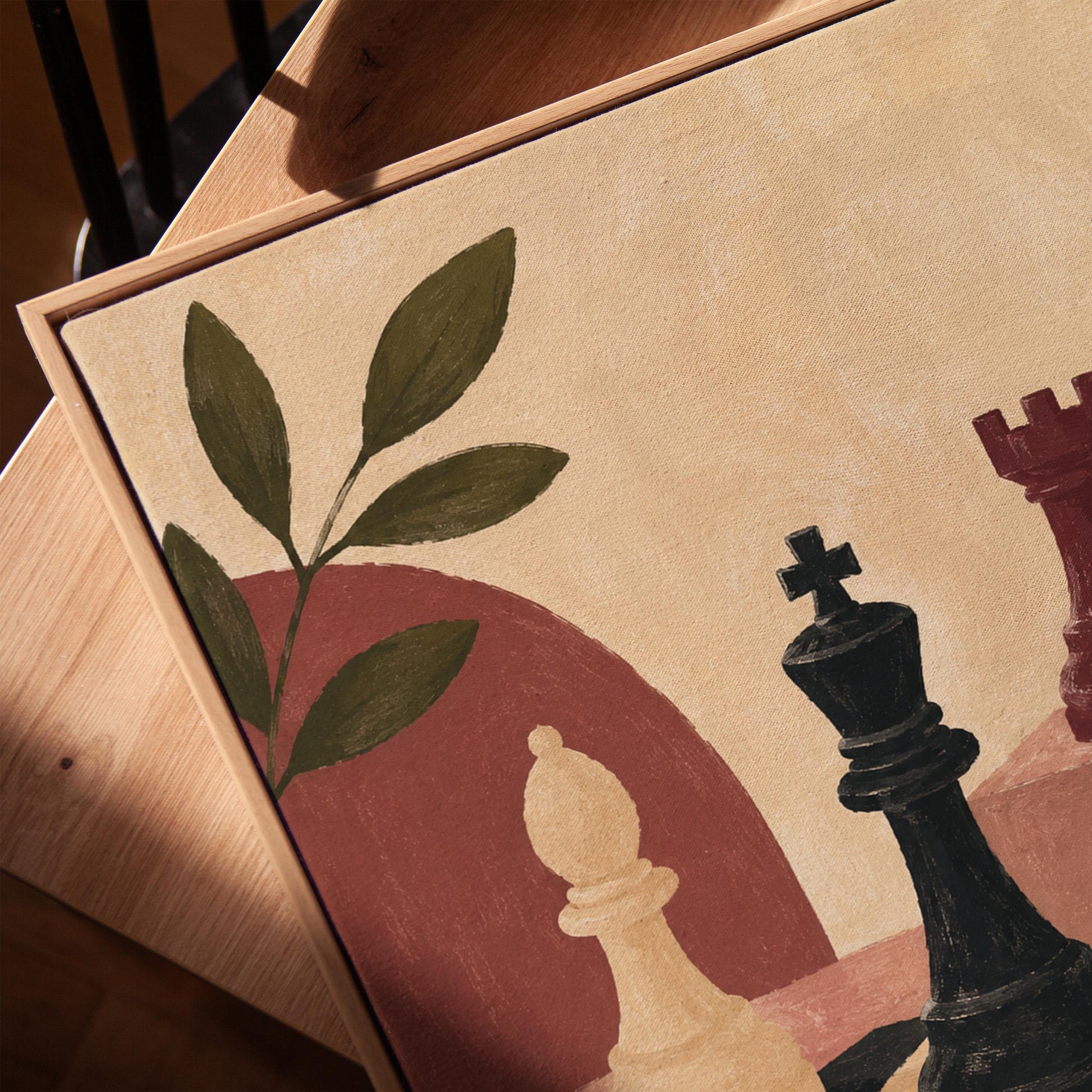 Chess pieces on a tilted board with an olive sprig and a red arch, canvas print in a warm, minimally styled interior
