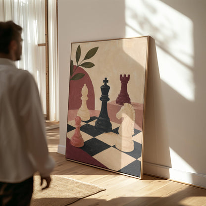 Chess pieces on a tilted board with an olive sprig and a red arch, canvas print presented in a light, minimal room