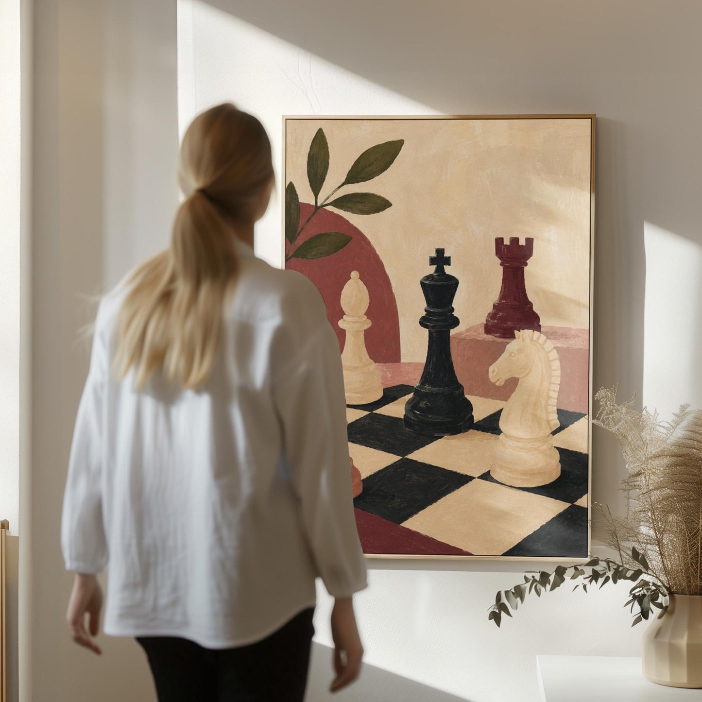 Chess pieces on a tilted board with an olive sprig and a red arch, canvas print shown to scale in a furnished room