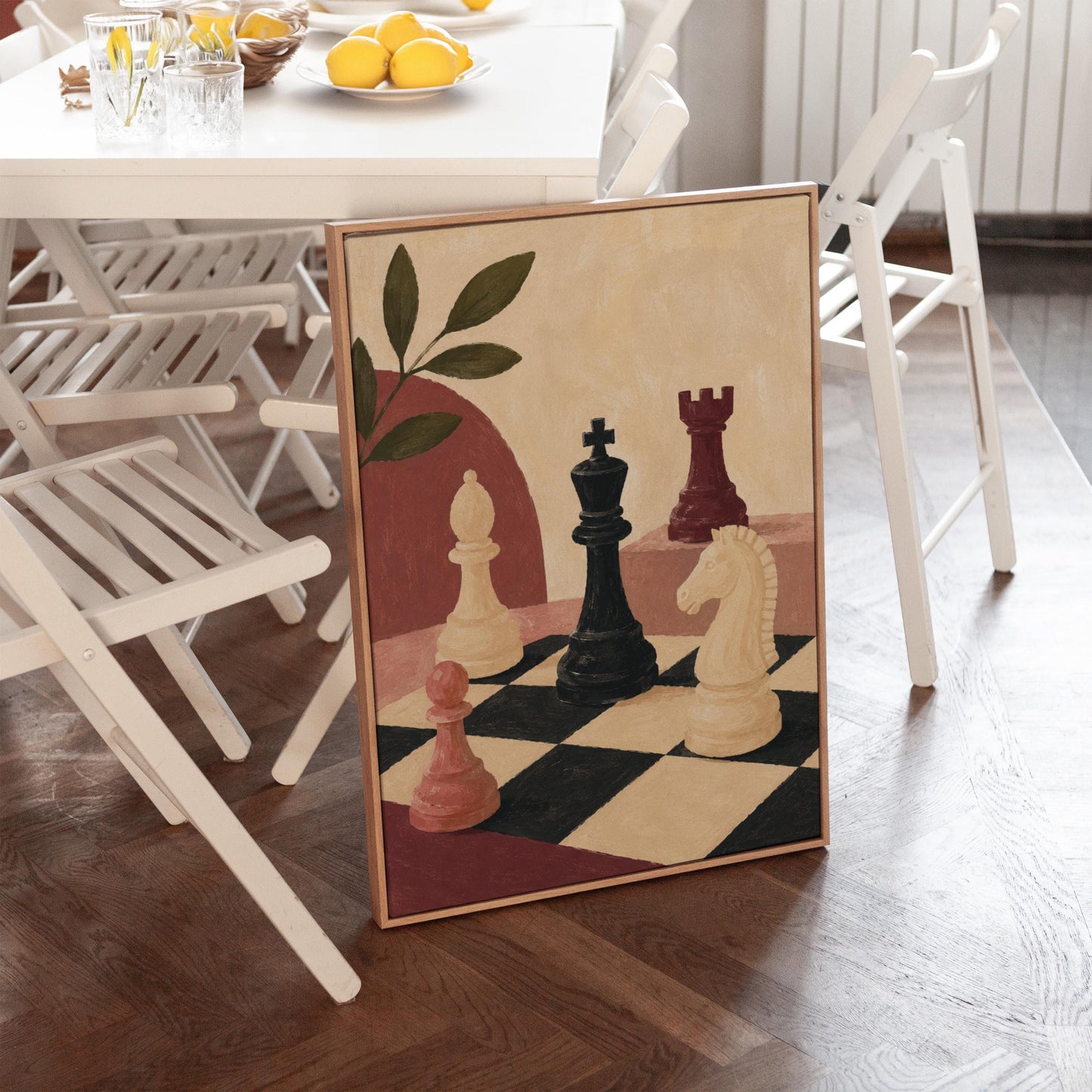 Chess pieces on a tilted board with an olive sprig and a red arch, canvas print shown in a sunlit, contemporary room