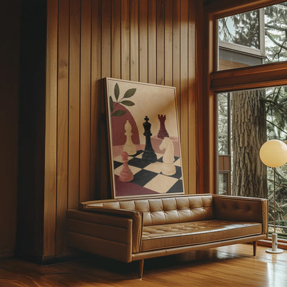 Chess pieces on a tilted board with an olive sprig and a red arch, canvas print seen in a warm interior with natural light