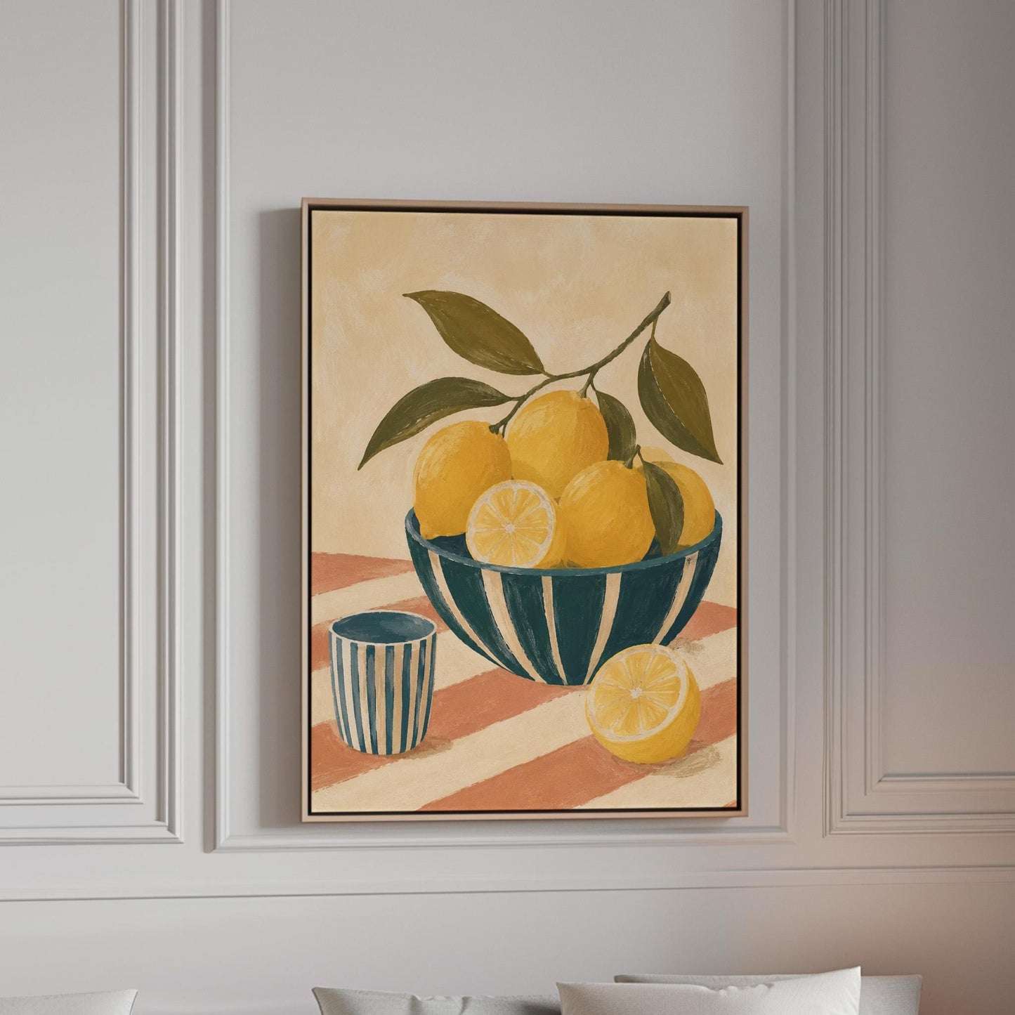 Lemons on the branch in a teal striped bowl on a pink striped cloth, canvas print in a bright room with natural daylight
