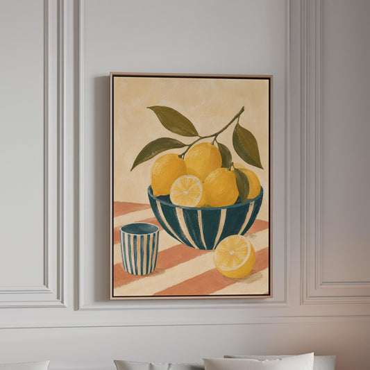 Lemons on the branch in a teal striped bowl on a pink striped cloth, canvas print in a bright room with natural daylight