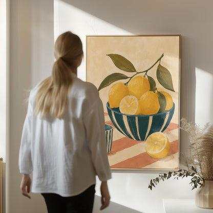 Lemons on the branch in a teal striped bowl on a pink striped cloth, canvas print seen in a warm interior with natural light