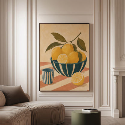 Lemons on the branch in a teal striped bowl on a pink striped cloth, canvas print on a softly lit wall in a calm interior