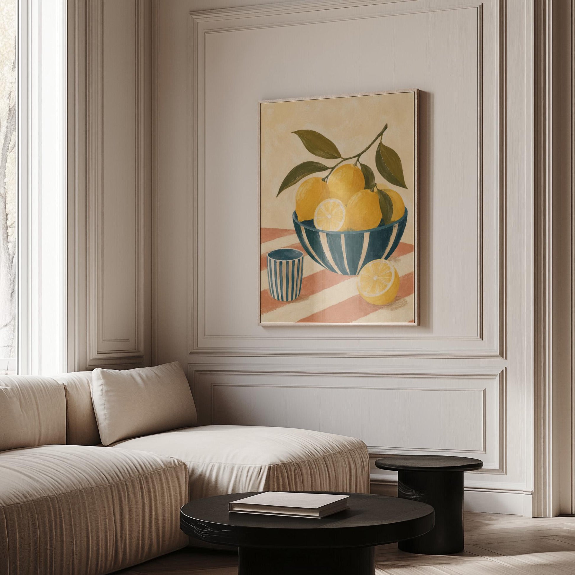 Lemons on the branch in a teal striped bowl on a pink striped cloth, canvas wall art on a quiet wall in a considered interior
