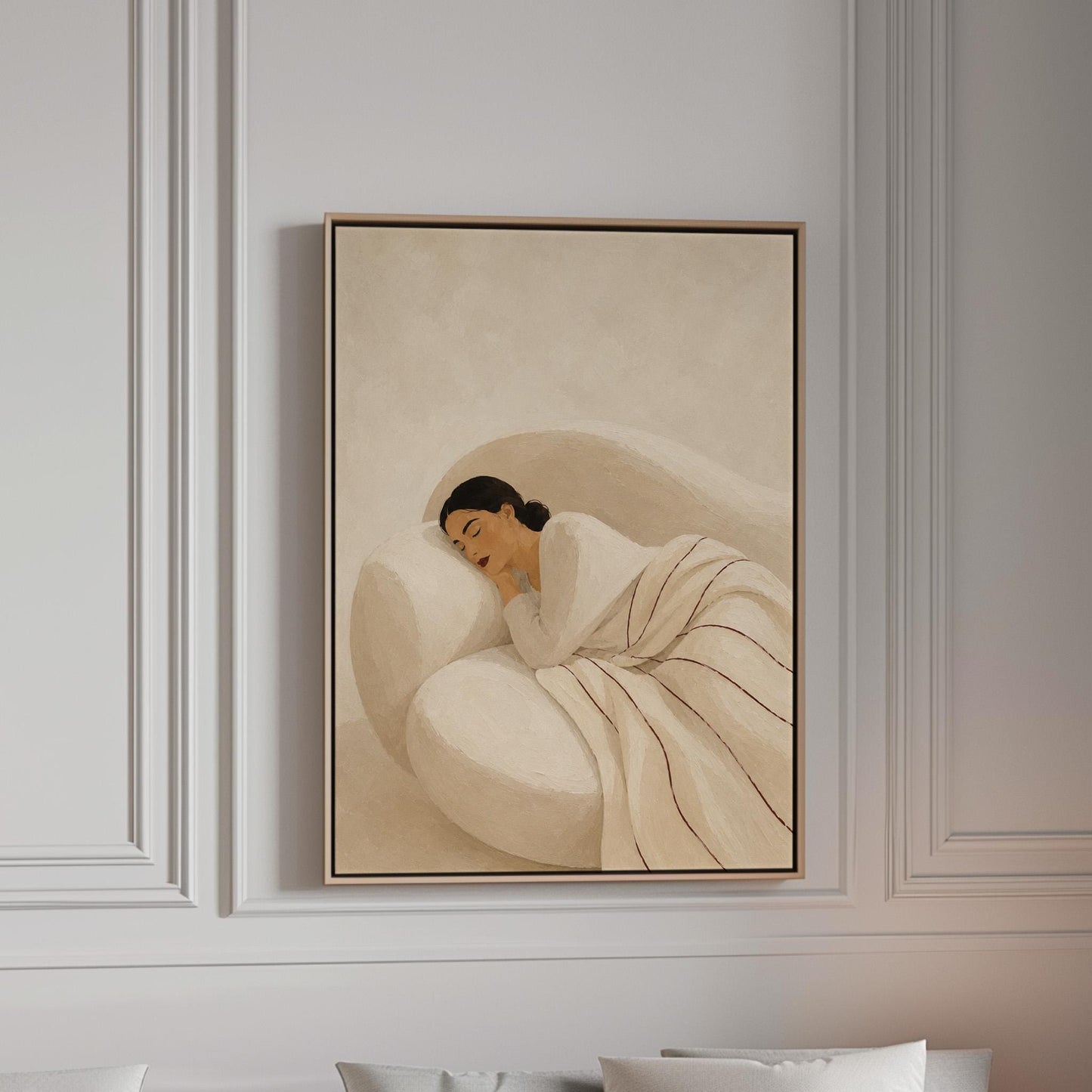 Woman sleeping under a white quilt threaded with fine burgundy lines, canvas print in a bright room with natural daylight