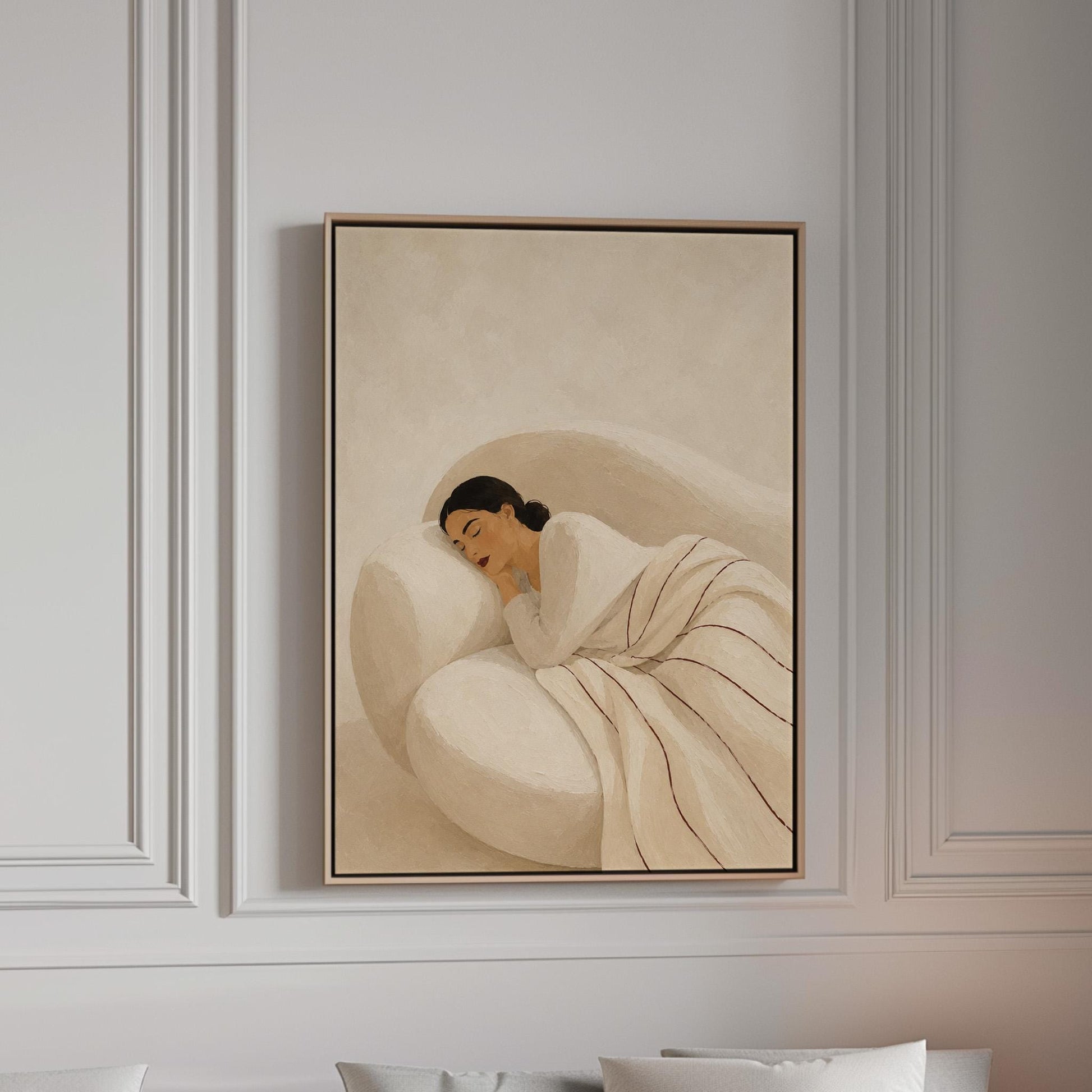 Woman sleeping under a white quilt threaded with fine burgundy lines, canvas print in a bright room with natural daylight