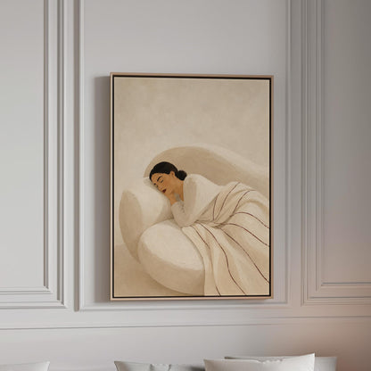 Woman sleeping under a white quilt threaded with fine burgundy lines, canvas print in a bright room with natural daylight