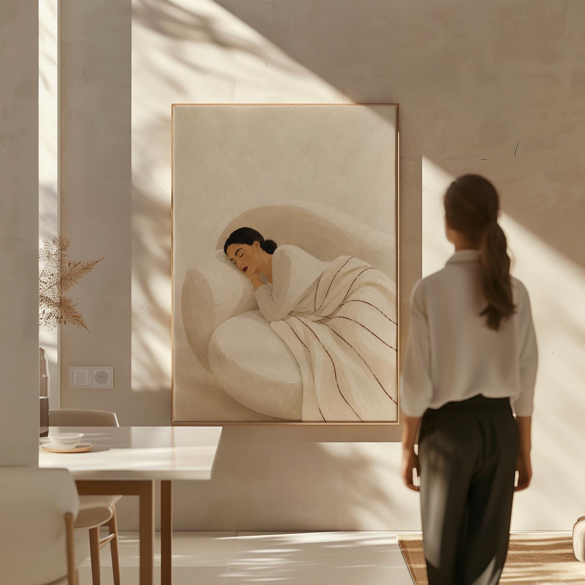 Woman sleeping under a white quilt threaded with fine burgundy lines, canvas print presented in a light, minimal room