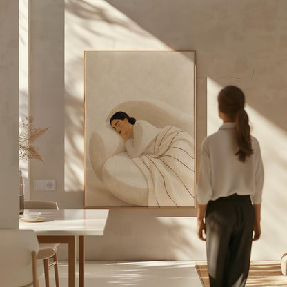 Woman sleeping under a white quilt threaded with fine burgundy lines, canvas print presented in a light, minimal room
