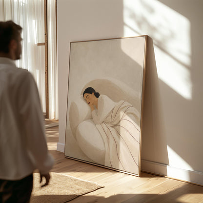 Woman sleeping under a white quilt threaded with fine burgundy lines, canvas print shown to scale in a furnished room