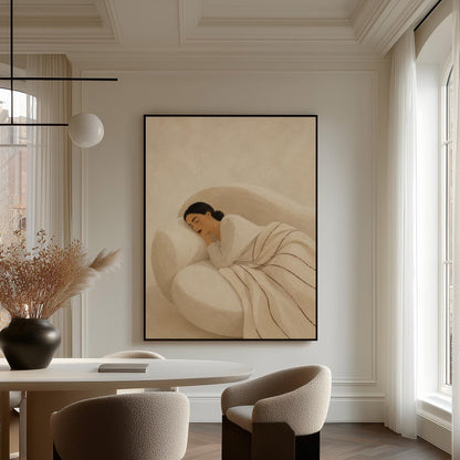 Woman sleeping under a white quilt threaded with fine burgundy lines, canvas wall art hanging in a calm, modern living space